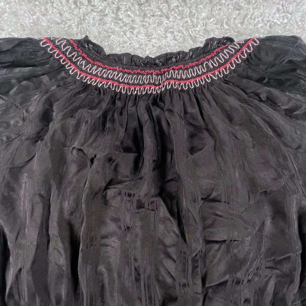 Johnny Was L Silk Zig Zag Embroidered Blouse Black Tassels Boho Peasant Top Luxe - Picture 13 of 14